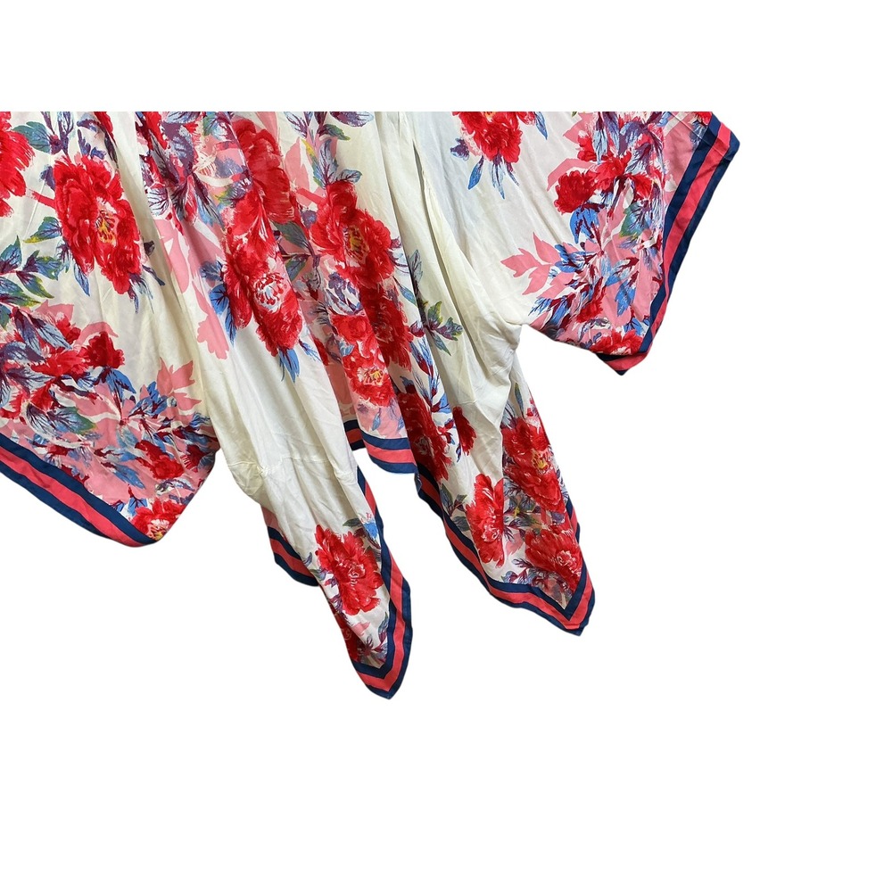 Flying Tomato Womens Floral Kimono Wrap Red Blue Striped Trim Rayon S/M - Picture 10 of 12